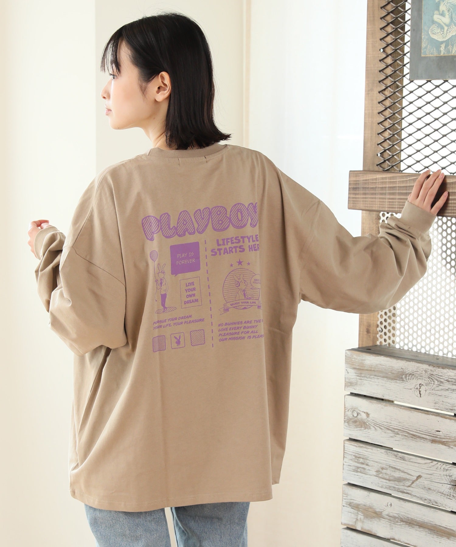 【PLAYBOY/プレイボーイ】クラシックラビットバックプリントロングTシャツ/カットソー